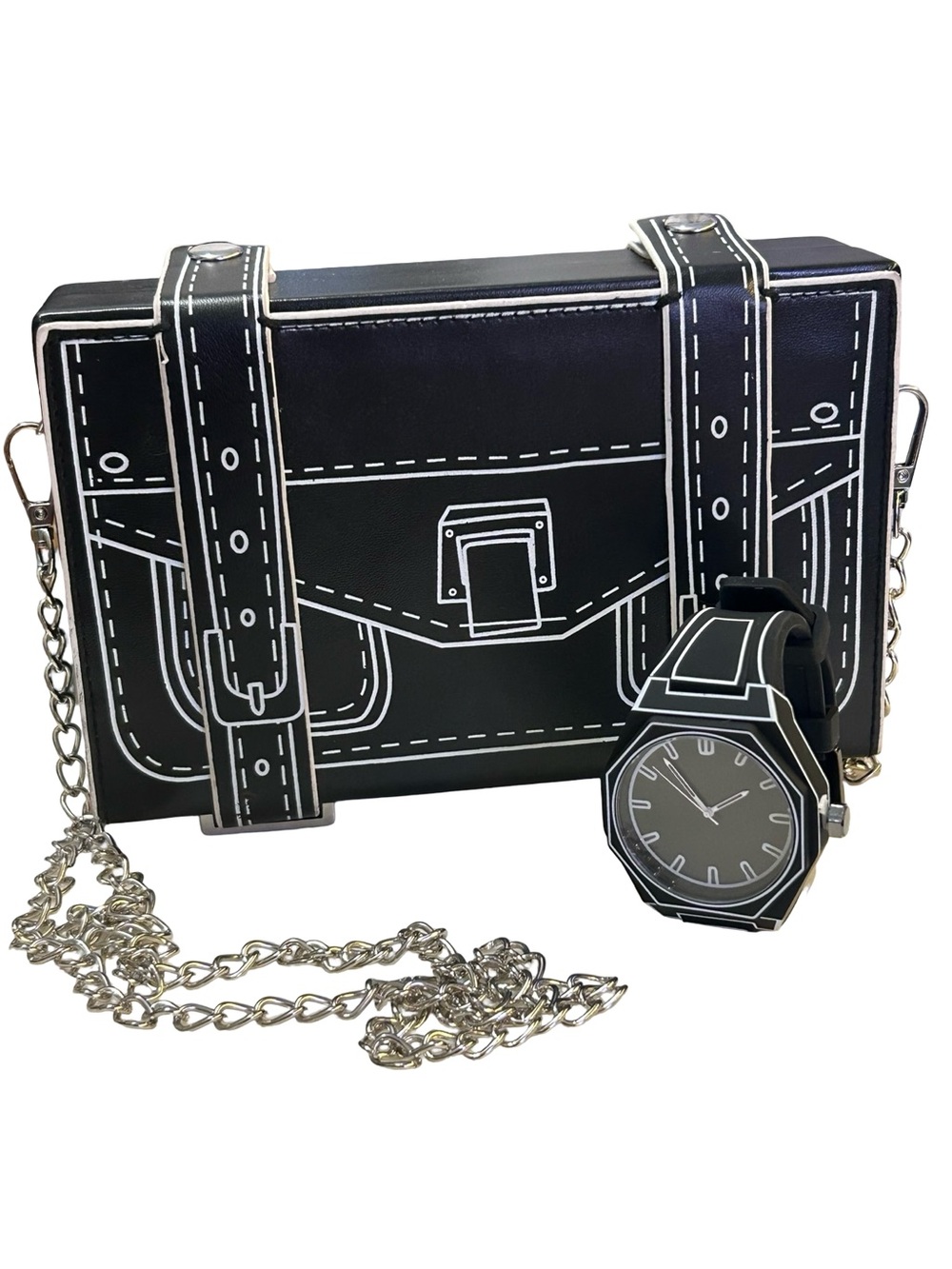 Source Unknown Black and White Cartoon-Style Crossbody Bag with Chain